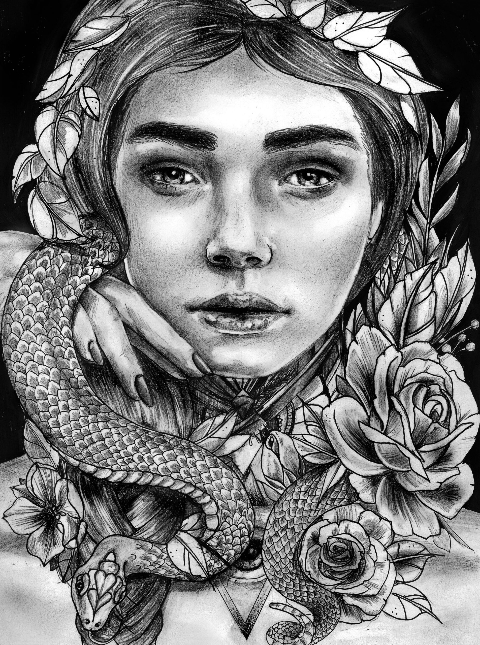 AshleyMills Ashley_Sllim Drawing Snakes Flowers Portrait Black and