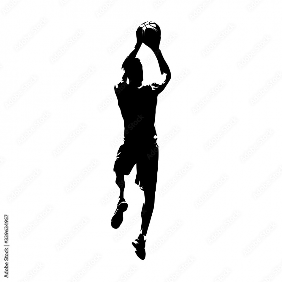 Basketball player shooting ball, jump shot, isolated vector