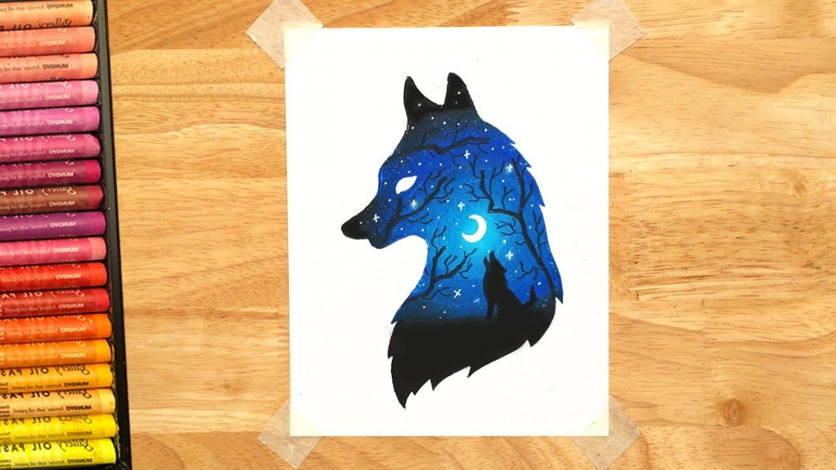 Draw Wolf In The Night with Oil Pastels For Beginners - Step by