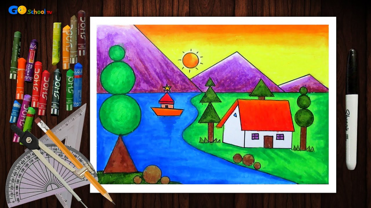 Easy scenery drawing using geometrical shapes for Beginners and School  students