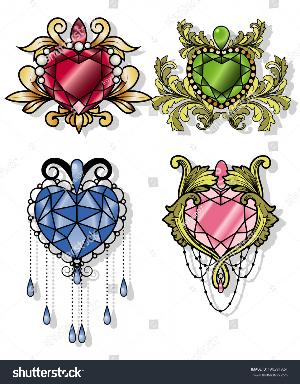 Gemstone Heart Set Gem Diamond Traditional: Stock-Vektorgrafik