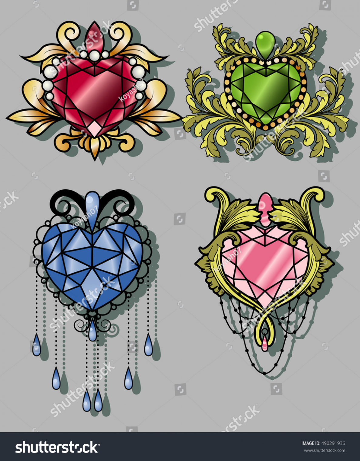 Gemstone Heart Set Gem Diamond Traditional: Stock-Vektorgrafik