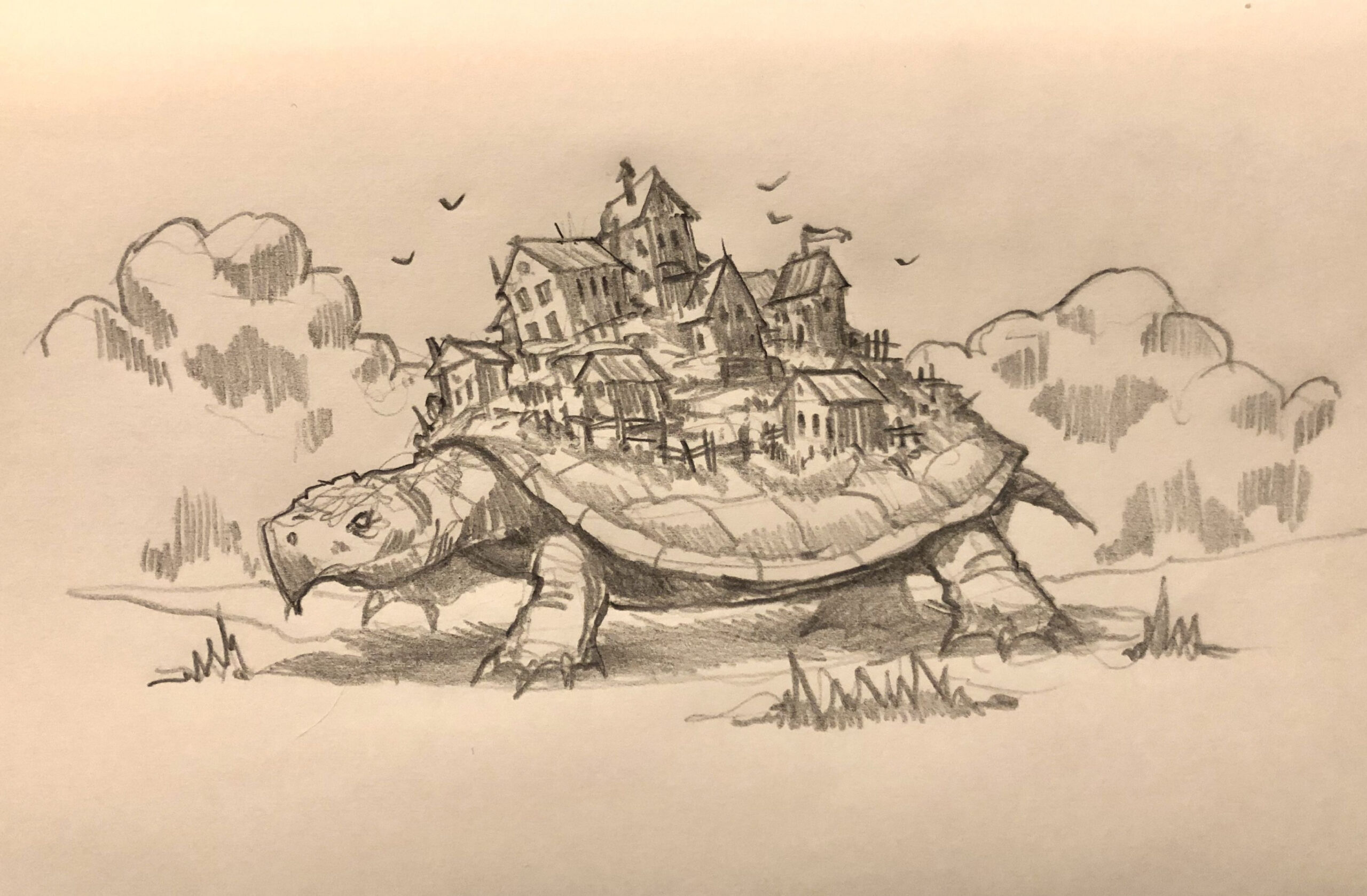 Giant turtle town  Big turtle, Turtle art, Fantasy art