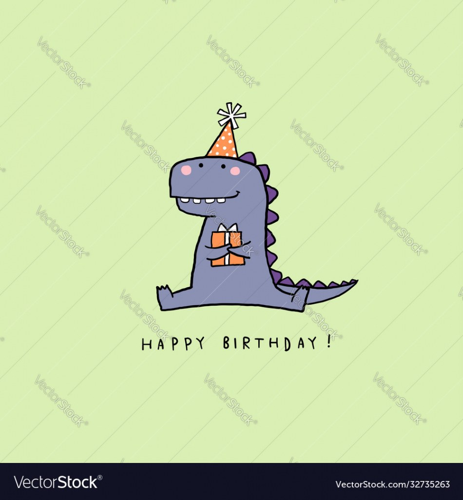 Hand drawn birthday card with cartoon dinosaur Vector Image