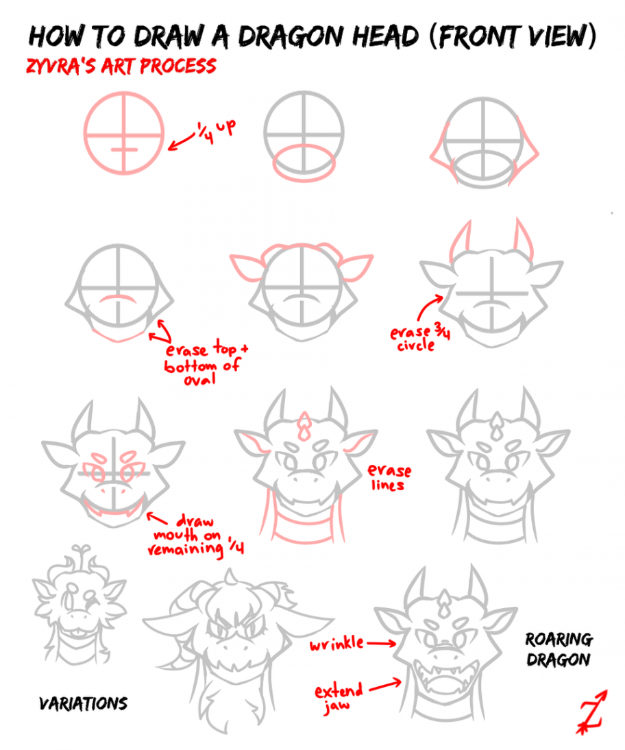 How to Draw a Dragon Head (Front View) Zyvra Dragonfyre