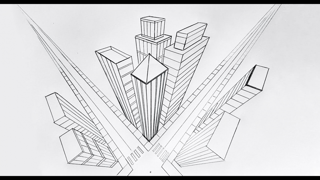 How to draw in three point perspective, city buildings bird