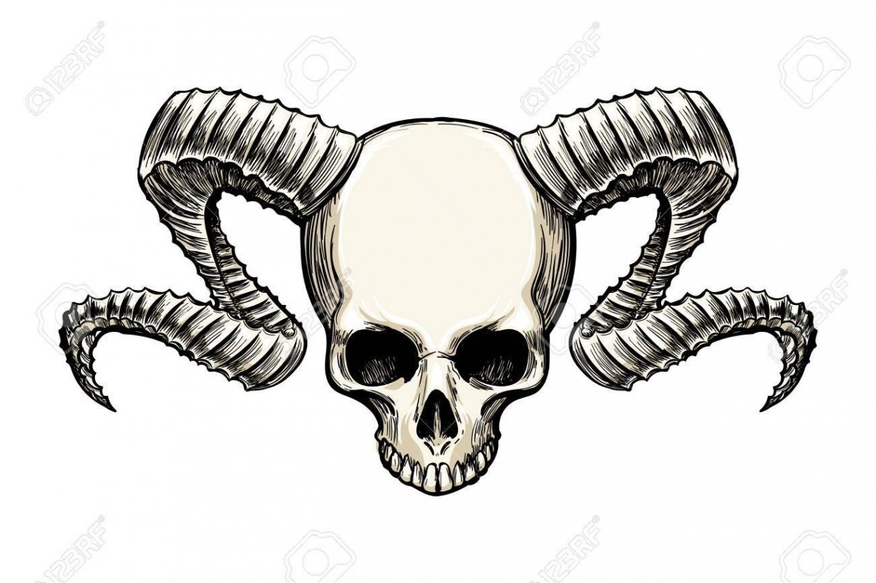 Human skull with ram horns drawn in sketch tattoo