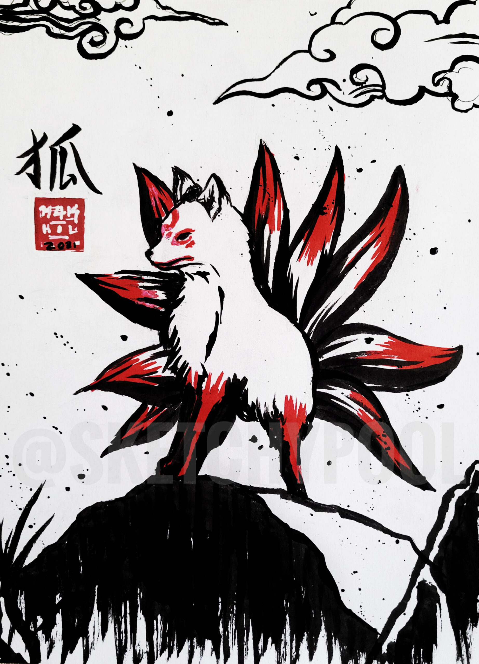 I drew a Kitsune (Japanese fox spirit)