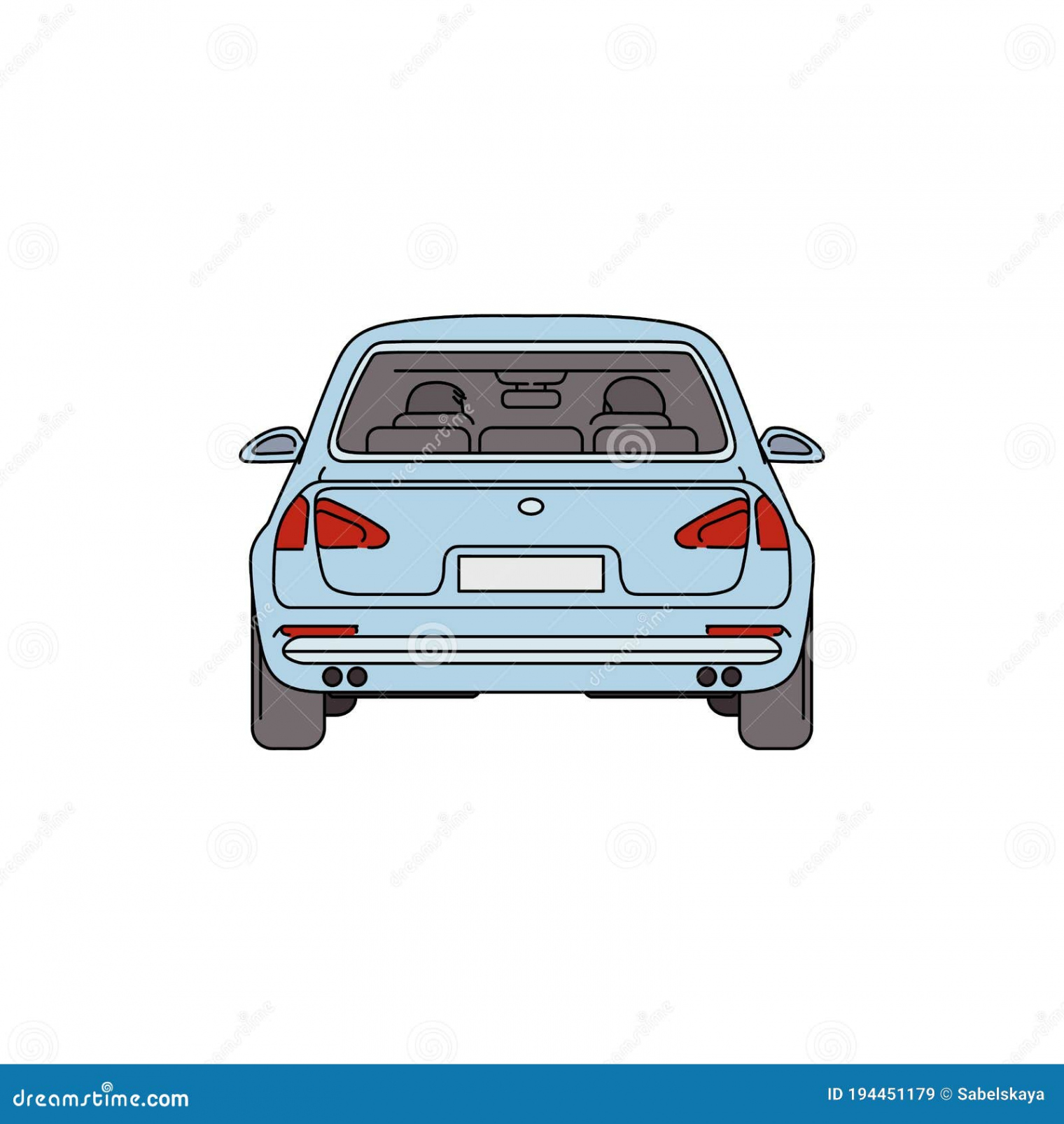 Light Blue Car from Back View - Cartoon Drawing of Empty