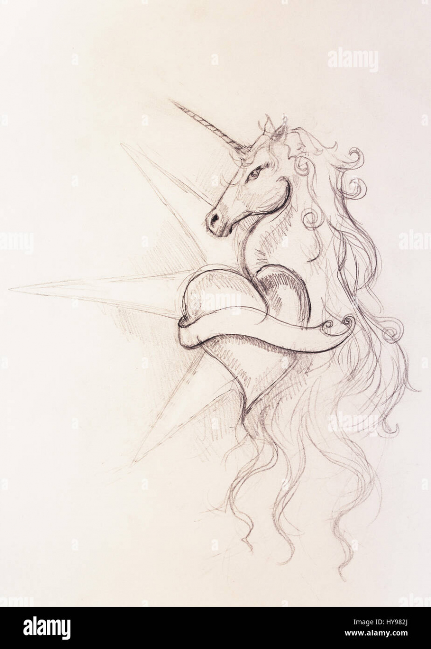 linear drawing of unicorn with heart shape on white paper