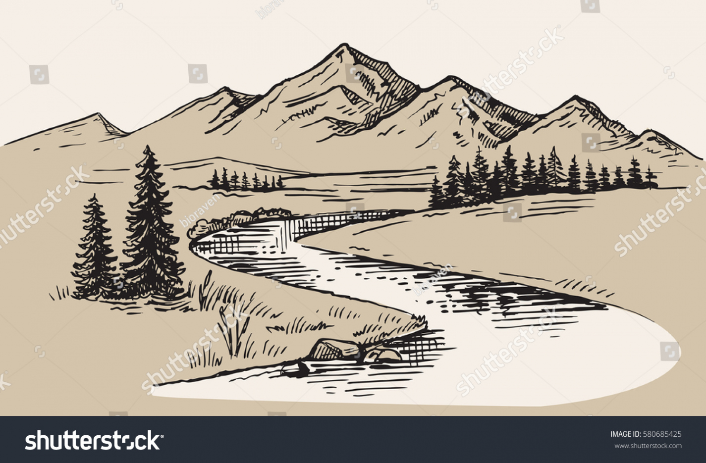 Mountain Landscape Nature Vector Illustration Drawing Stock Vector