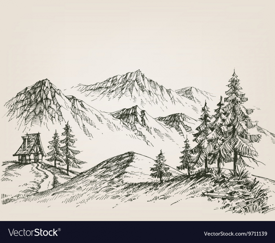 Nature drawing a hut in the mountains Royalty Free Vector