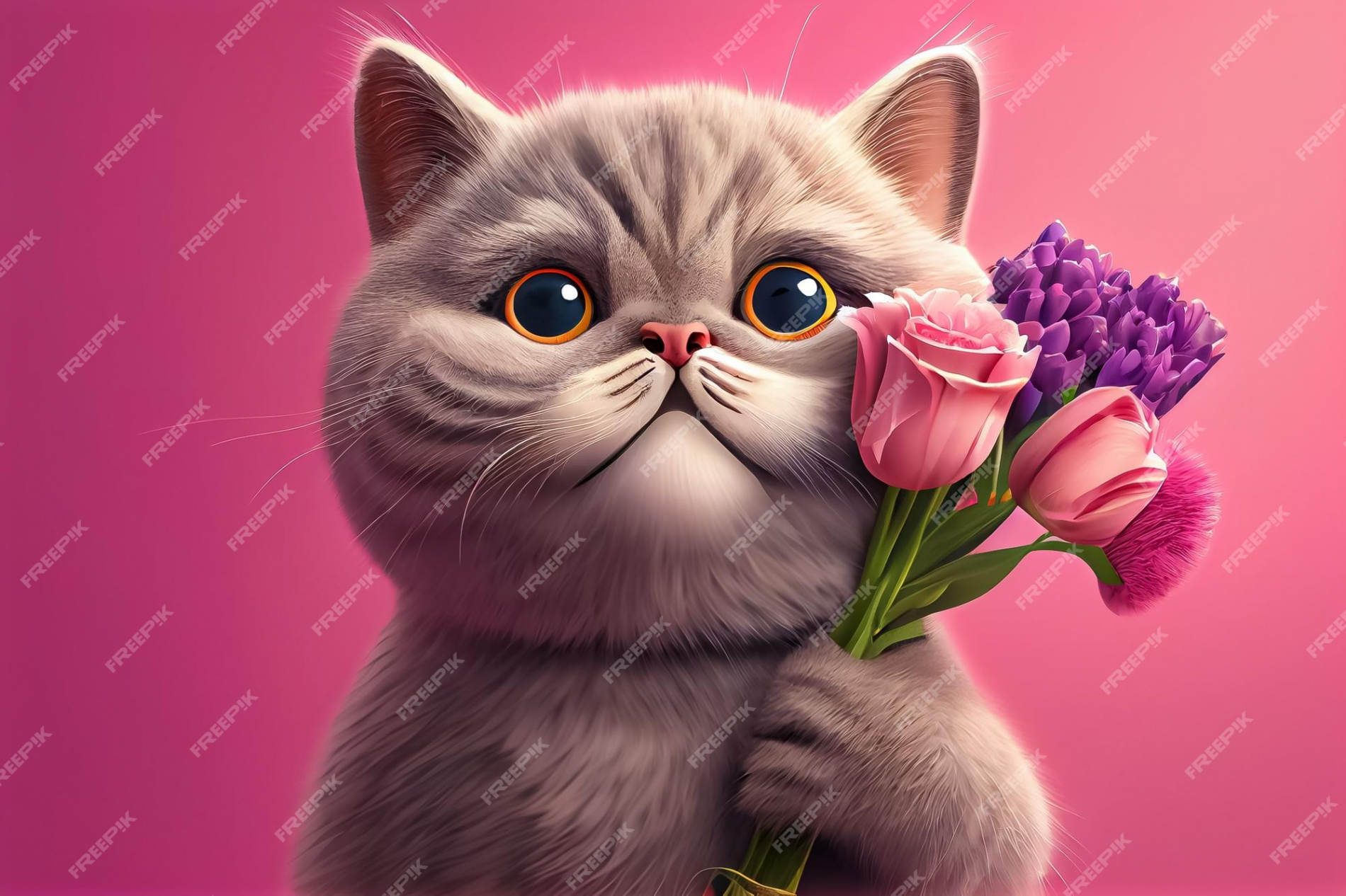 Premium Photo  Illustration of cute cat giving a flowers in pink