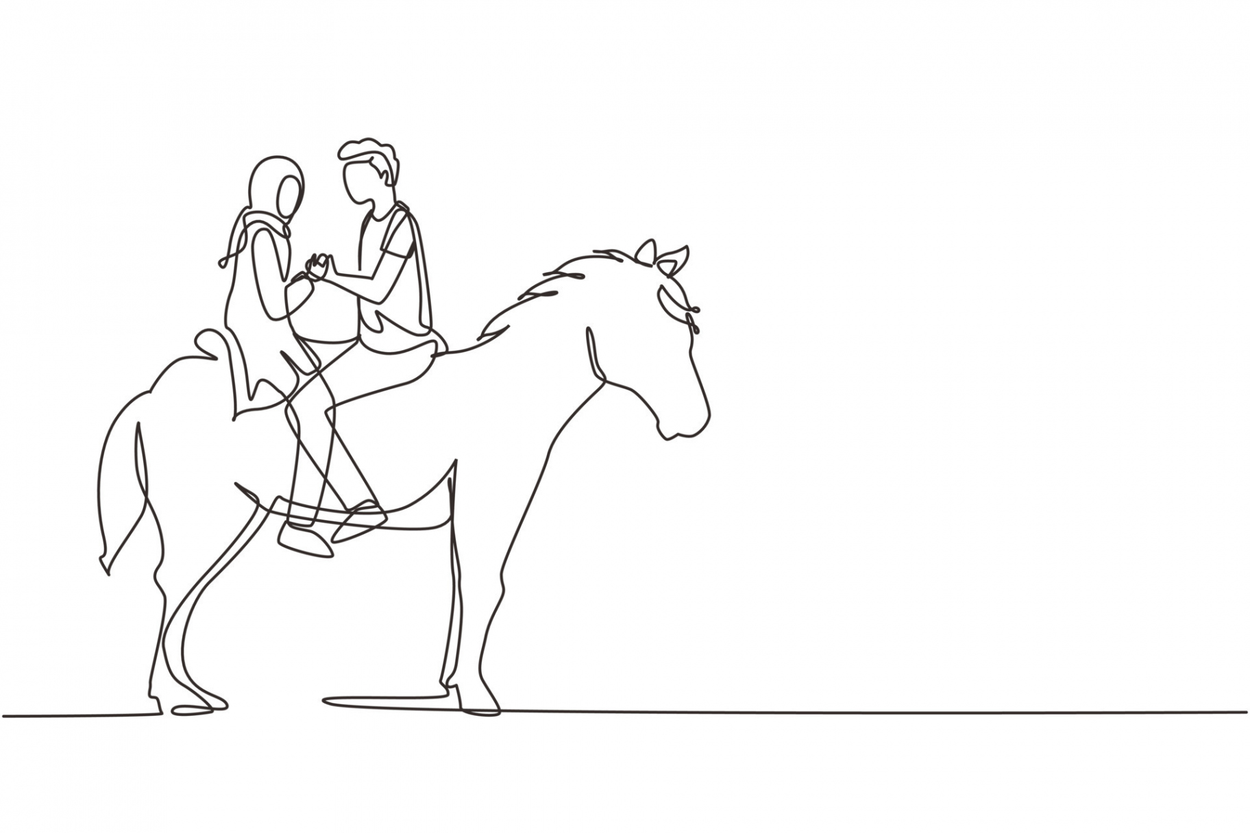 Single continuous line drawing Arab couple riding horses face to