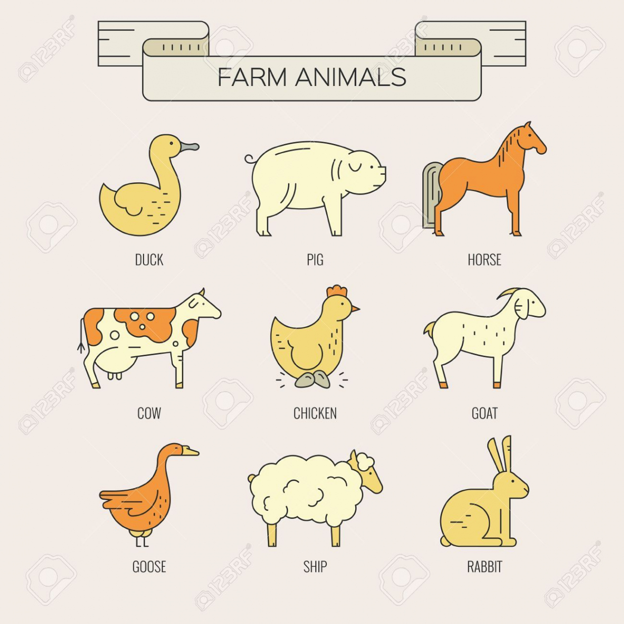 Vector set of farm animals drawn in modern linear style with names