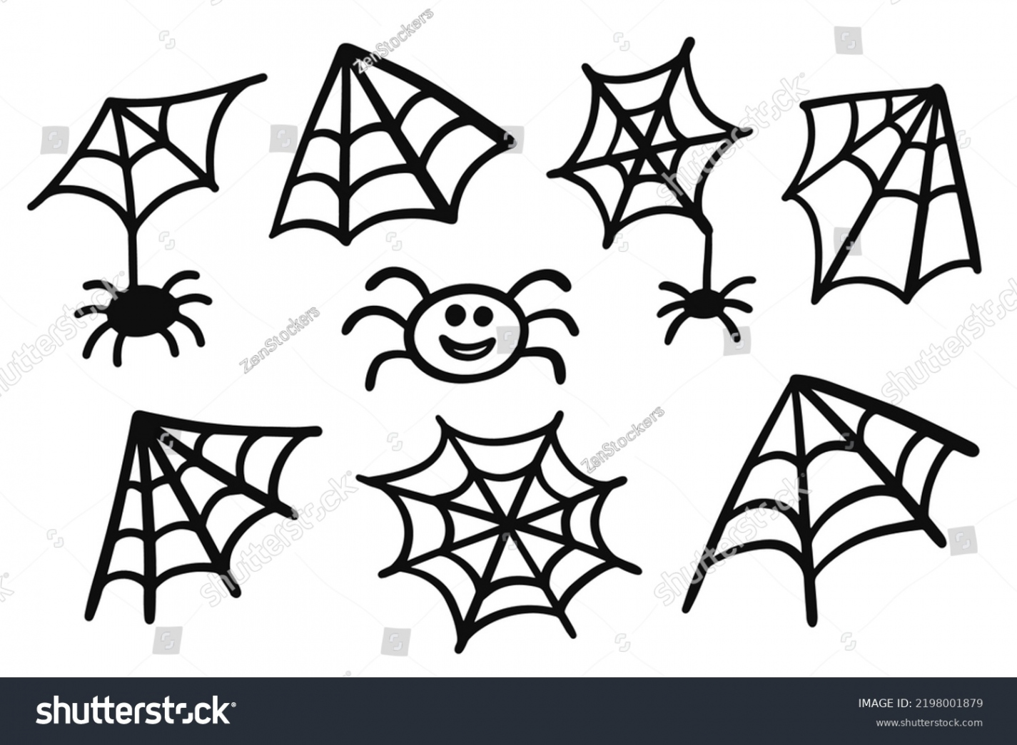 Vektor Stok Monochrome Cobweb Spider Web Doodle Icons (Tanpa